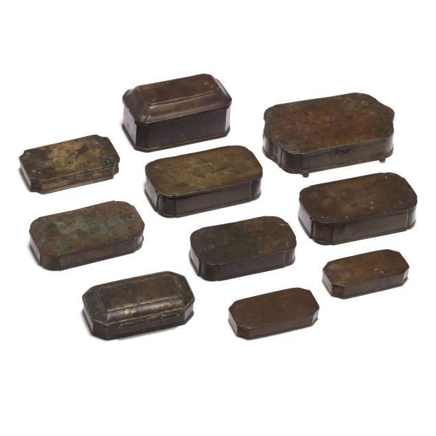 ten-antique-continental-brass-tobacco-and-betel-nut-boxes