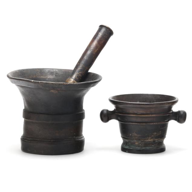 two-antique-european-large-bronze-mortars-and-pestle