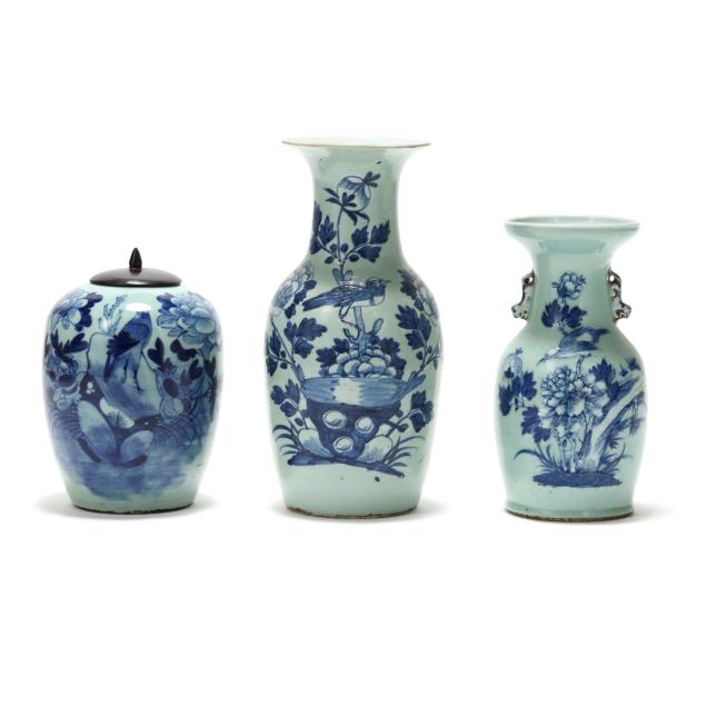 three-chinese-blue-and-white-glazed-celadon-ground-vessels-with-bird-decoration