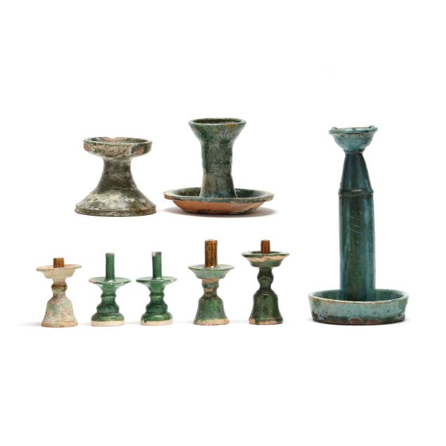 eight-chinese-green-glazed-ceramic-candlesticks-and-oil-lamps