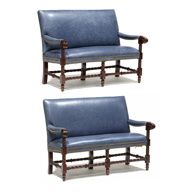 hancock-moore-pair-of-leather-upholstered-barley-twist-settees