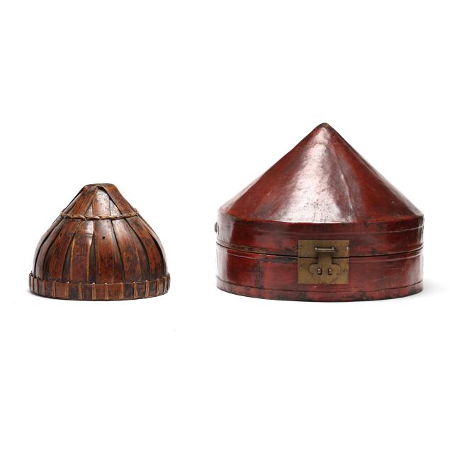 antique-asian-bamboo-fireman-s-hat-with-red-lacquer-hat-box