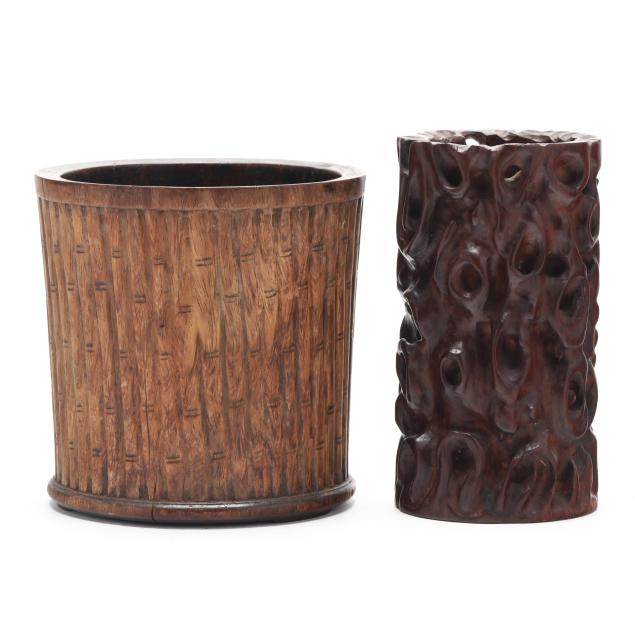 two-chinese-carved-wood-brush-pots