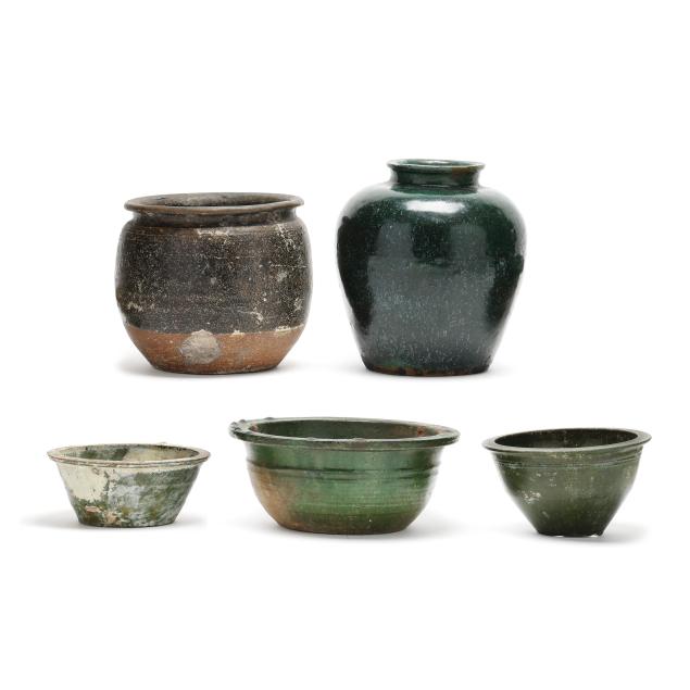 five-chinese-green-and-brown-glazed-pottery-vessels