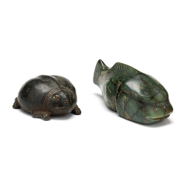 two-exotic-sculptures-bronze-frog-and-carved-stone-fish