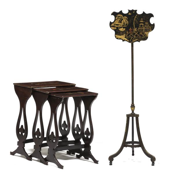 chinoiserie-nesting-tables-featuring-exotic-birds-and-a-pole-screen