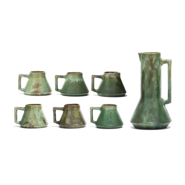 a-fulper-art-pottery-pitcher-and-six-mugs
