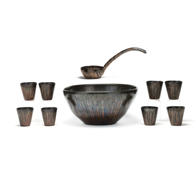ar-cole-pottery-sanford-nc-punch-bowl-with-ladle-and-eight-cups