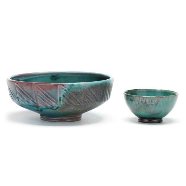 ben-owen-iii-seagrove-nc-b-1968-two-chinese-blue-glazed-bowls