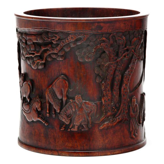 a-chinese-carved-wood-brush-pot-with-horses-under-pine-trees