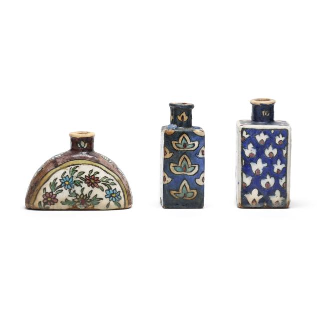 three-persian-qajar-glazed-pottery-bottles