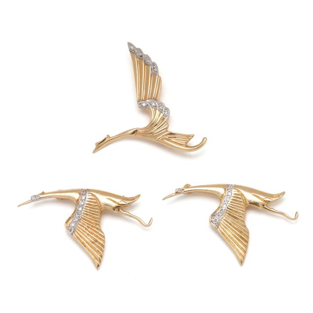 set-of-three-gold-and-diamond-avian-motif-brooches