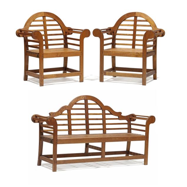 chippendale-style-teak-garden-bench-and-pair-of-chairs