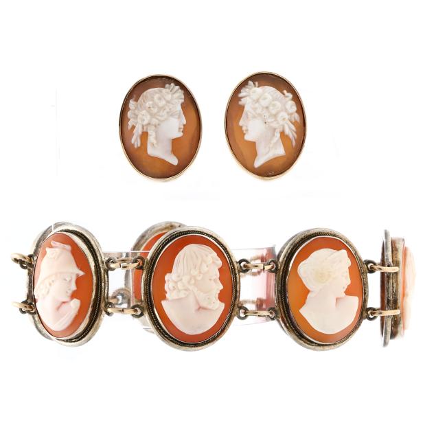 vintage-silver-and-shell-cameo-bracelet-and-a-pair-of-gold-and-shell-cameo-earrings