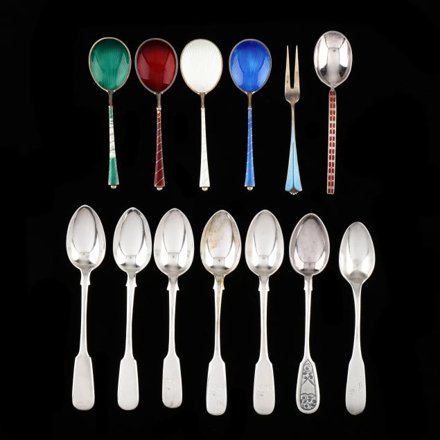 group-of-continental-silver-flatware-including-enameled-pieces