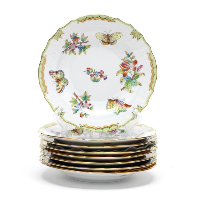 herend-eight-i-queen-victoria-i-green-border-porcelain-salad-plates