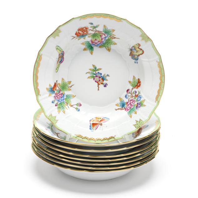 herend-eight-i-queen-victoria-i-green-border-porcelain-large-rim-soup-bowls