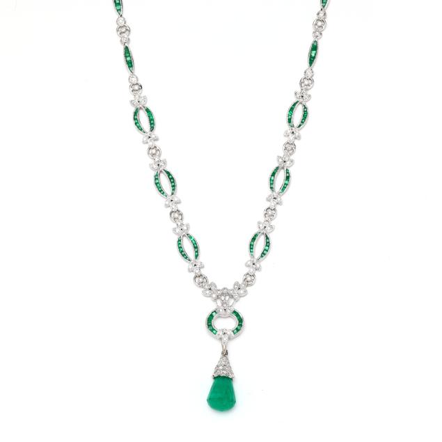 white-gold-diamond-and-emerald-lavalier-necklace