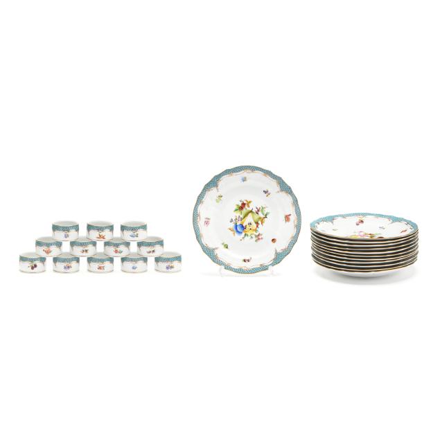 herend-i-fruits-composition-i-with-turquoise-fish-scale-twelve-porcelain-luncheon-plates-and-napkin-rings