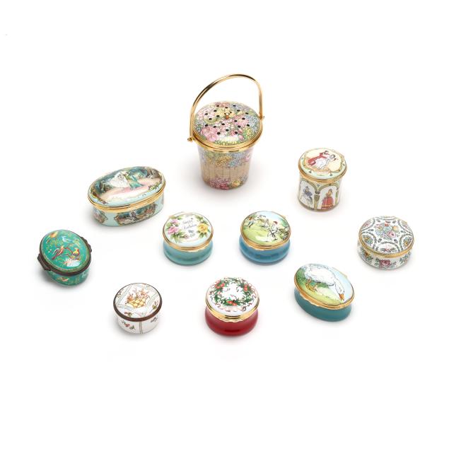 ten-english-enamel-pill-boxes-including-a-music-box