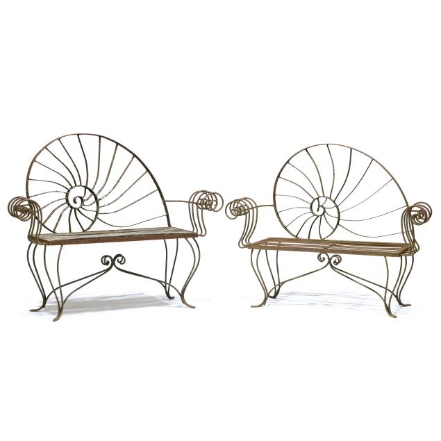 near-pair-of-vintage-iron-nautilus-garden-benches