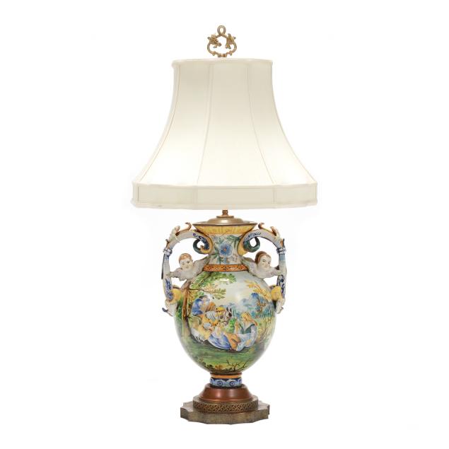 large-majolica-dual-handled-vase-table-lamp-with-shade