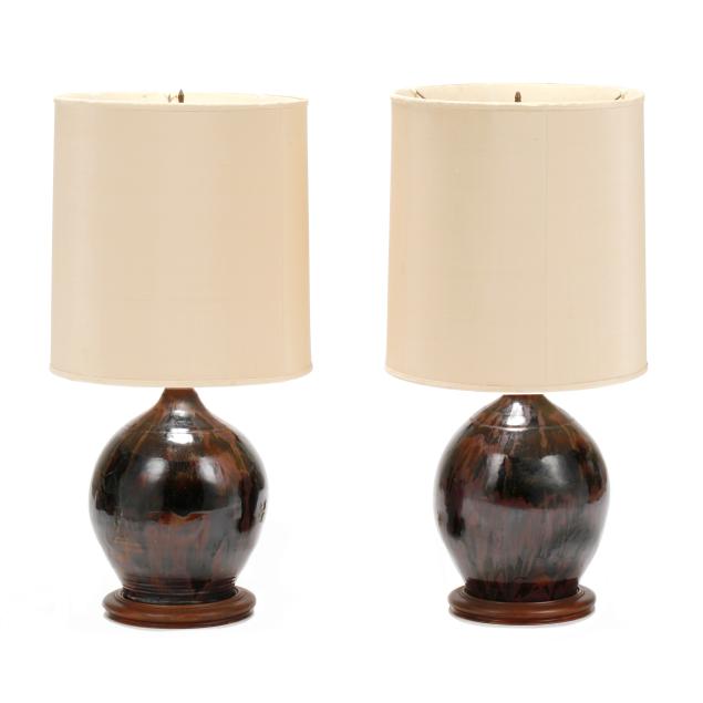 pair-of-brown-metallic-glazed-pottery-table-lamps-with-shades