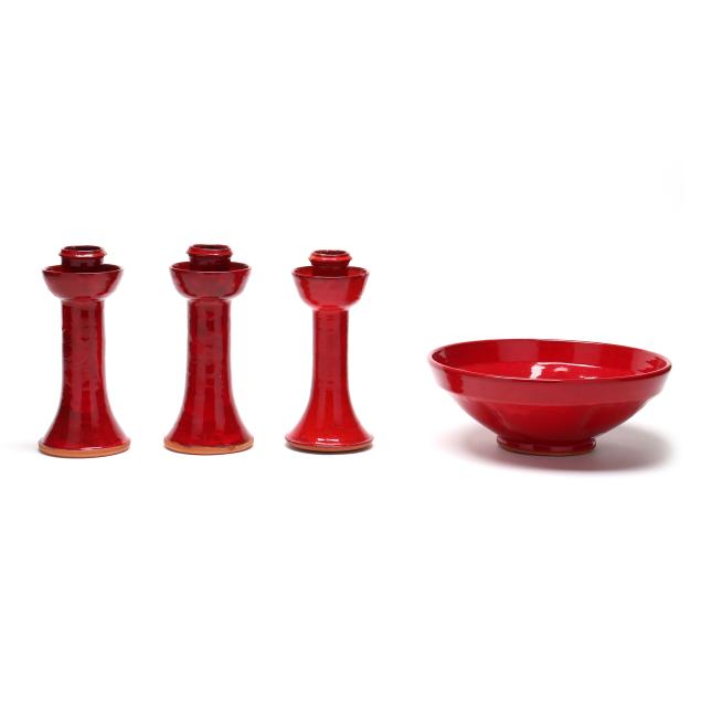 ben-owen-iii-seagrove-nc-b-1968-a-chinese-red-centerpiece-bowl-and-three-candlesticks