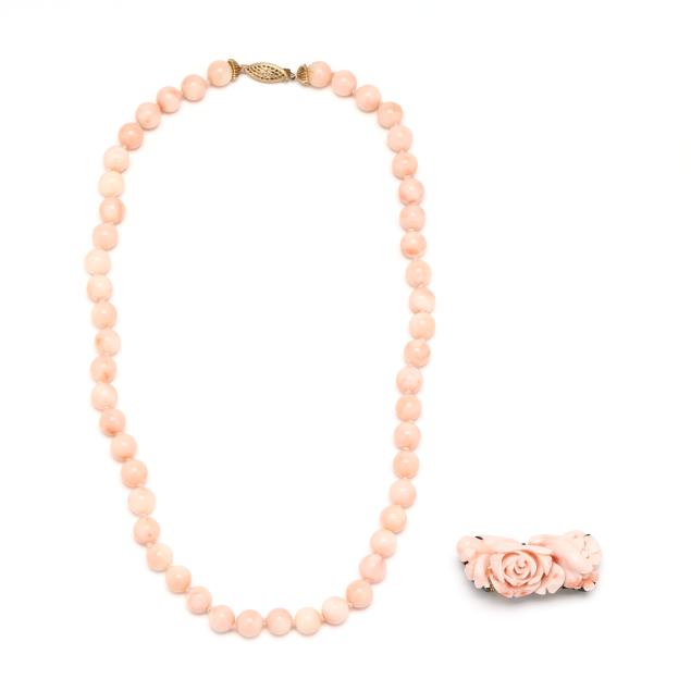 two-vintage-carved-pink-coral-jewelry-items