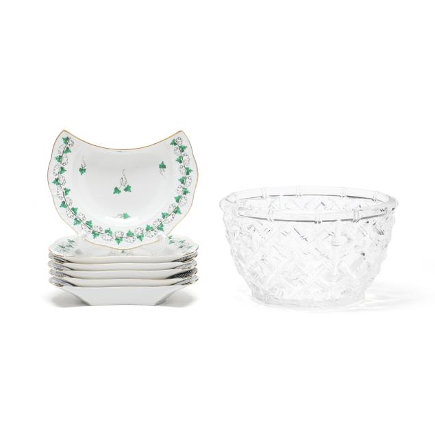six-herend-crescent-porcelain-plates-and-a-tiffany-co-glass-bowl