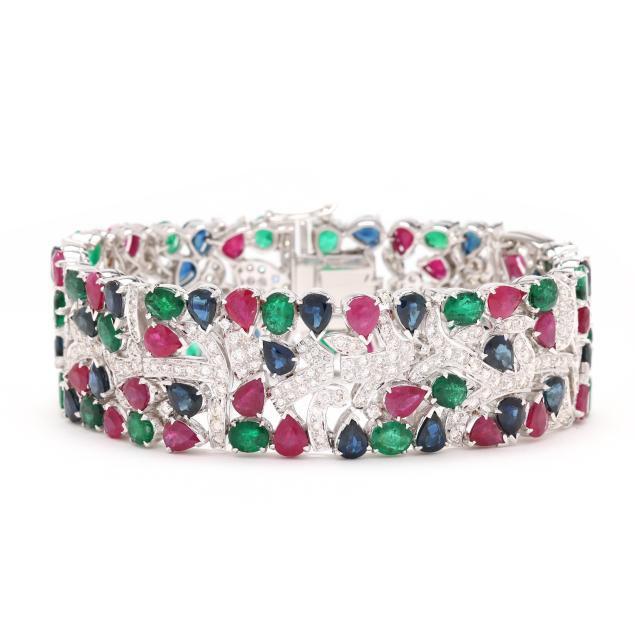 white-gold-diamond-ruby-sapphire-and-emerald-bracelet