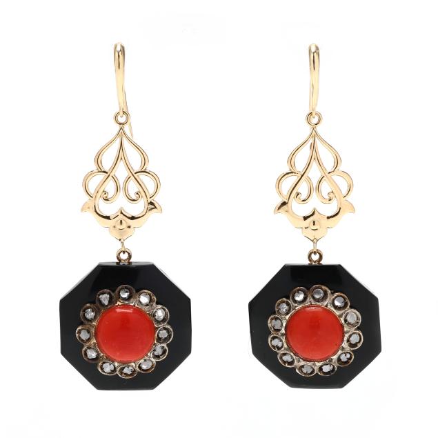 gold-coral-onyx-and-diamond-drop-earrings