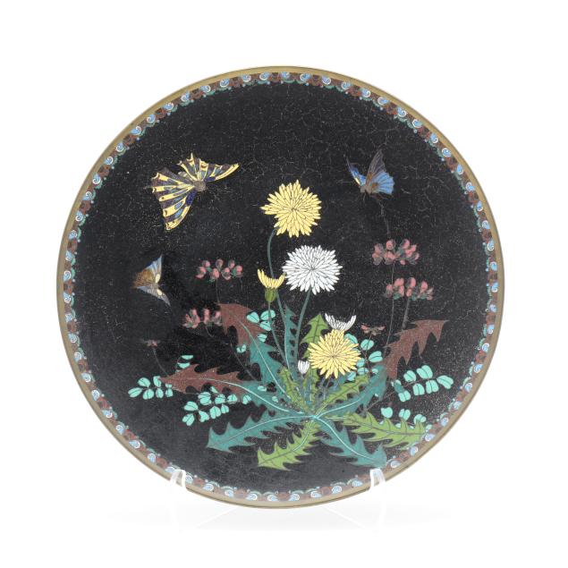 a-japanese-cloisonne-plate-with-butterflies-and-dandelions