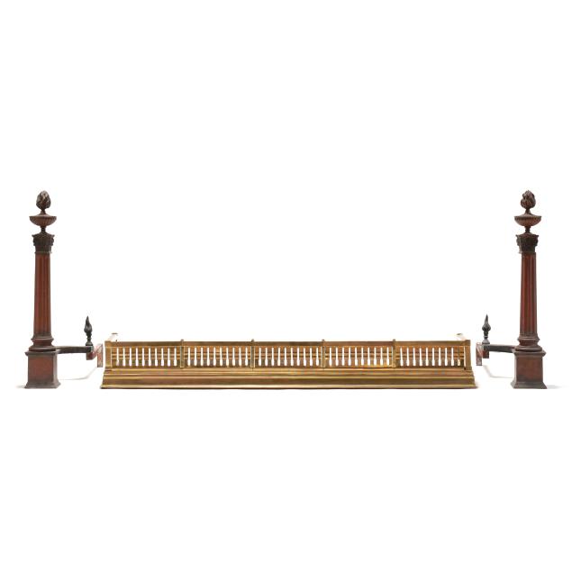 vintage-brass-fire-fender-and-pair-of-andirons