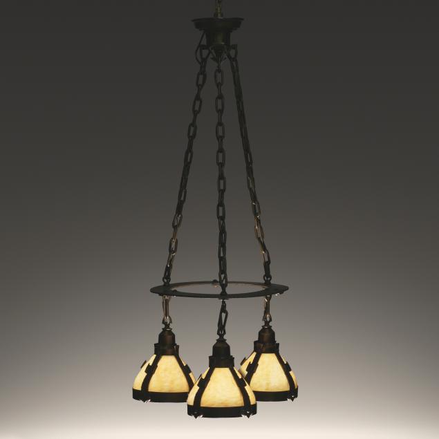 arts-crafts-hammered-brass-and-slag-glass-three-light-chandelier