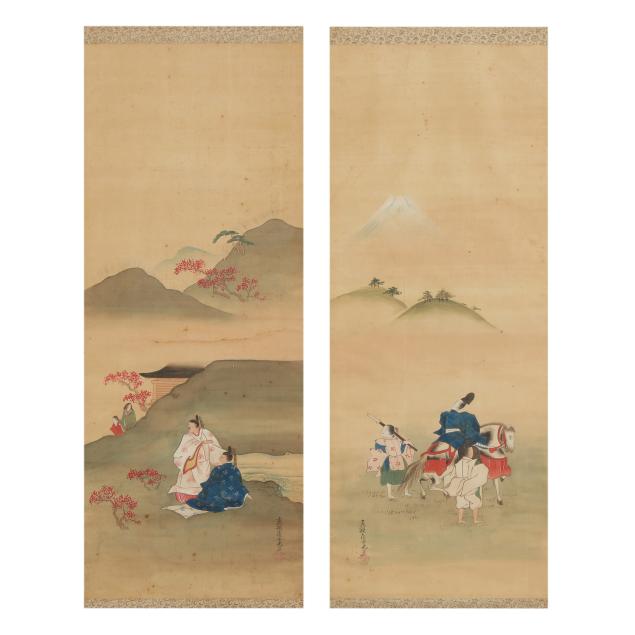 tosa-school-a-pair-of-japanese-scroll-paintings-framed