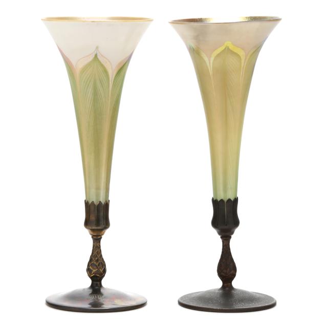 near-pair-of-tiffany-studios-bronze-and-glass-trumpet-vases