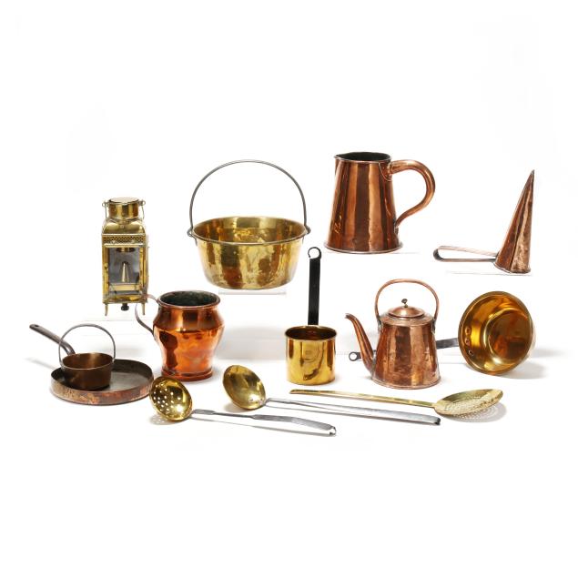 group-of-assorted-copper-and-brass-cookware-and-a-lantern