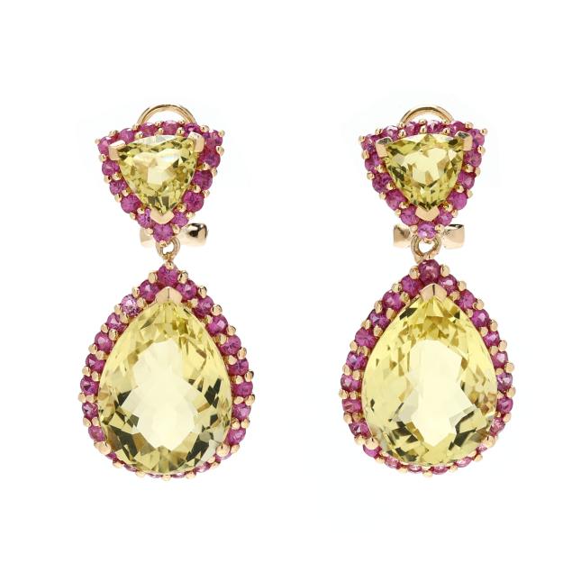 gold-quartz-and-pink-sapphire-dangle-earrings