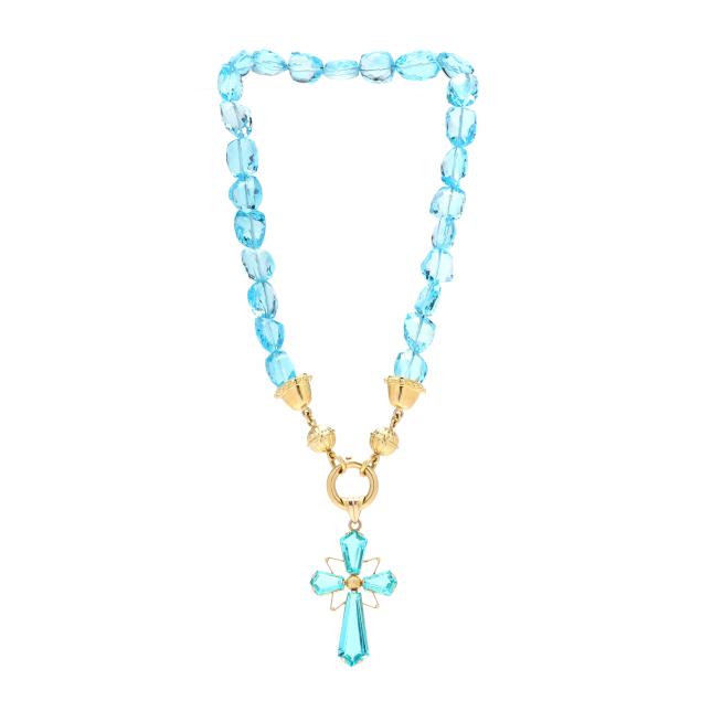 gold-and-blue-topaz-bead-necklace-with-glass-cross-pendant