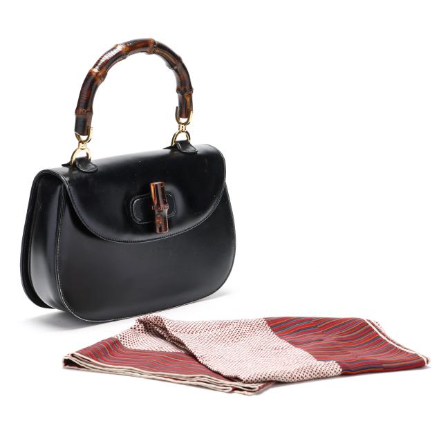 a-black-leather-i-bamboo-i-handbag-and-a-silk-scarf-gucci