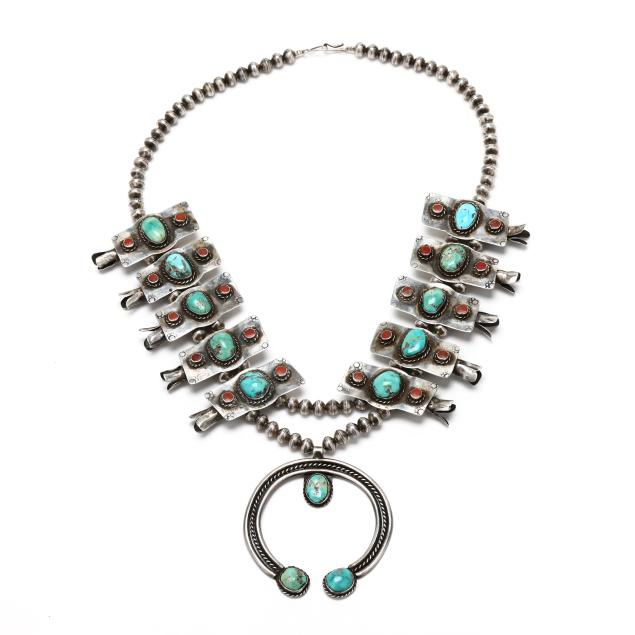 southwestern-silver-turquoise-and-coral-squash-blossom-necklace
