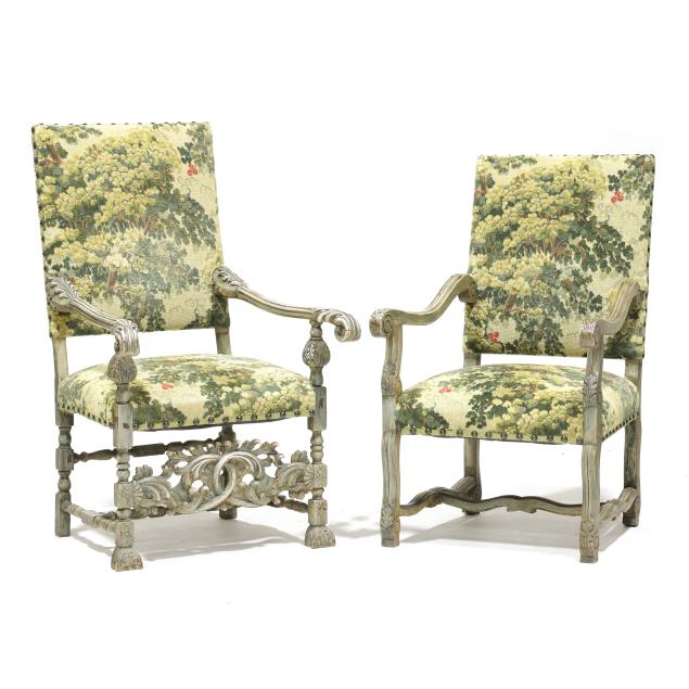 two-spanish-style-tapestry-upholstered-hall-chairs
