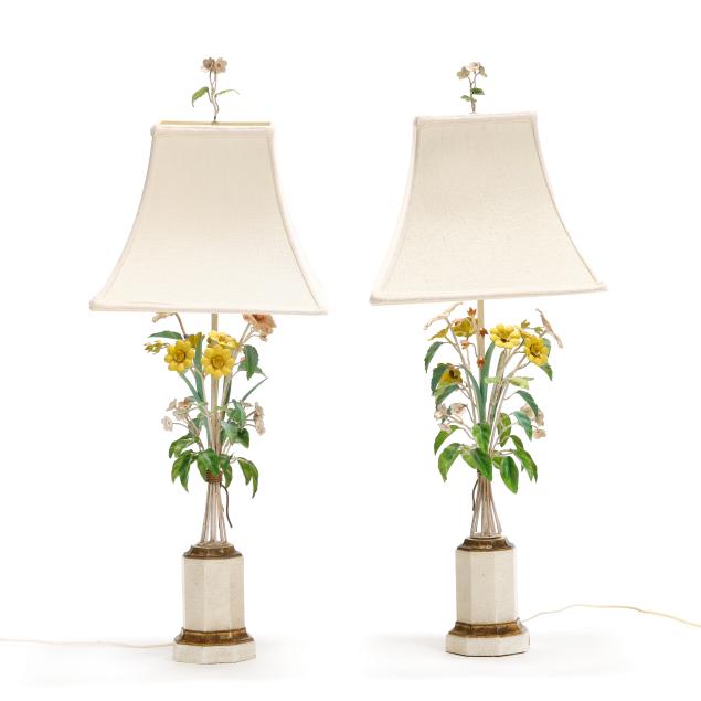pair-of-italian-ceramic-and-tole-floral-bouquet-lamps