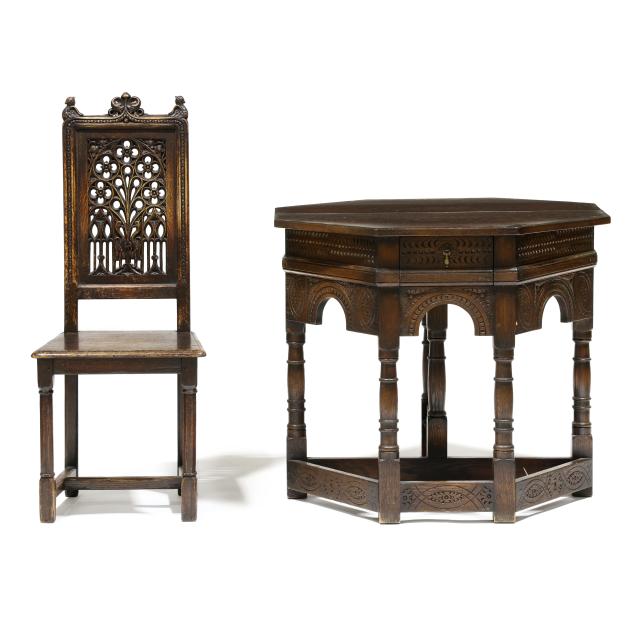 tudor-style-carved-oak-console-table-and-side-chair