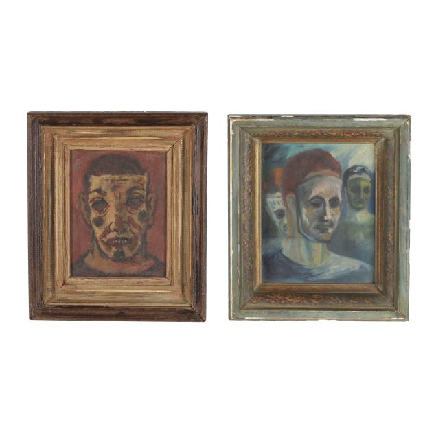 two-vintage-framed-paintings-of-masked-figures-one-signed-stanley