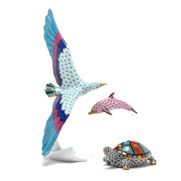 three-herend-fishnet-porcelain-animals