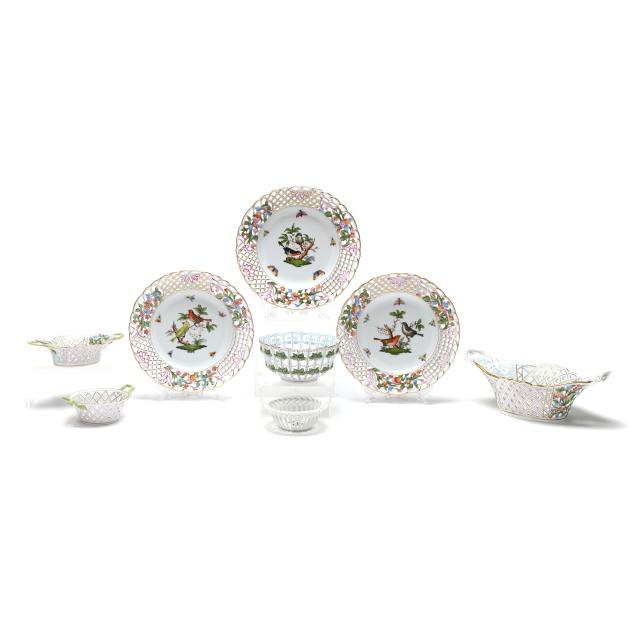group-of-eight-herend-i-rothschild-bird-i-reticulated-porcelain-tableware-items
