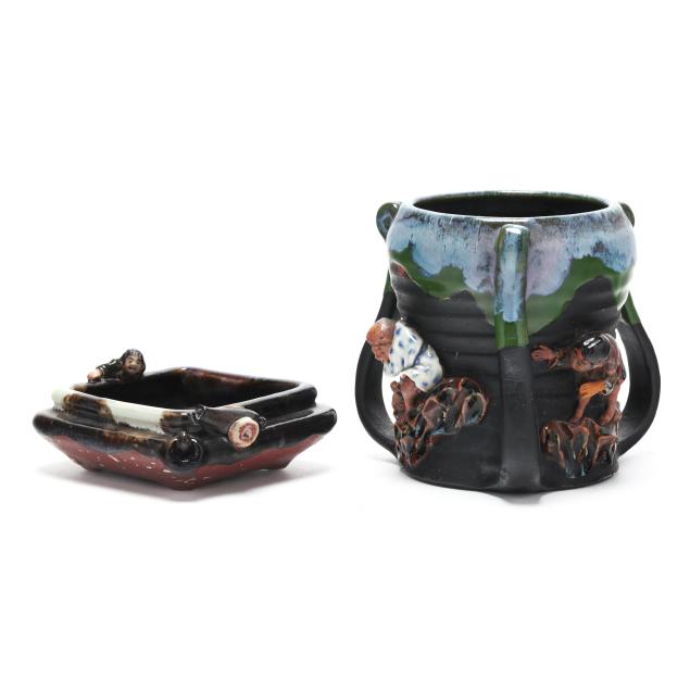 sumida-gawa-square-dish-and-three-handle-vase-with-monkeys