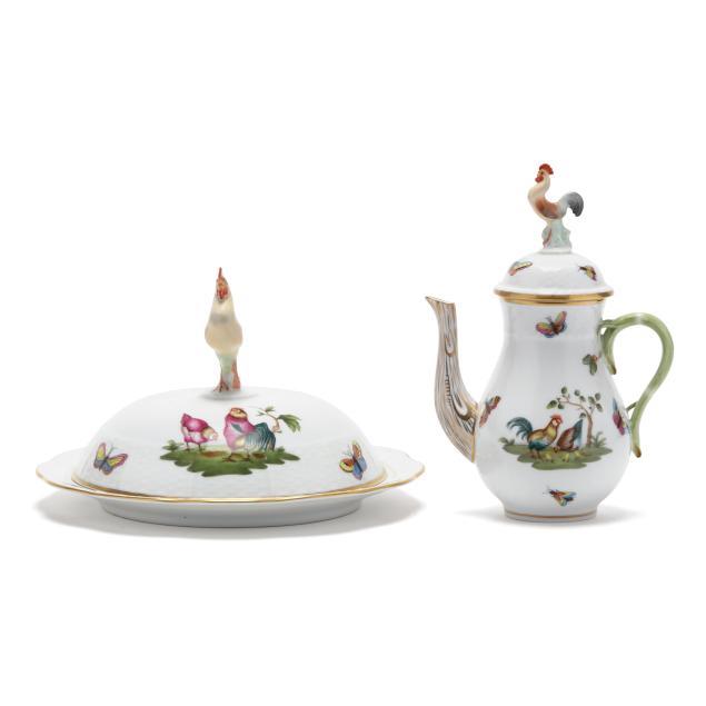 herend-i-chanticleer-i-porcelain-covered-muffin-dish-and-individual-coffee-pot